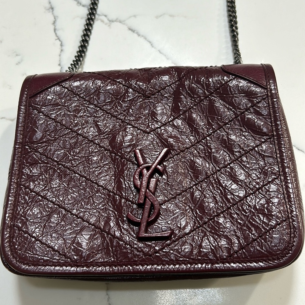 NEW YSL SAINT LAURENT Crinkled Calfskin Matelasse Niki Chain Burgundy wine